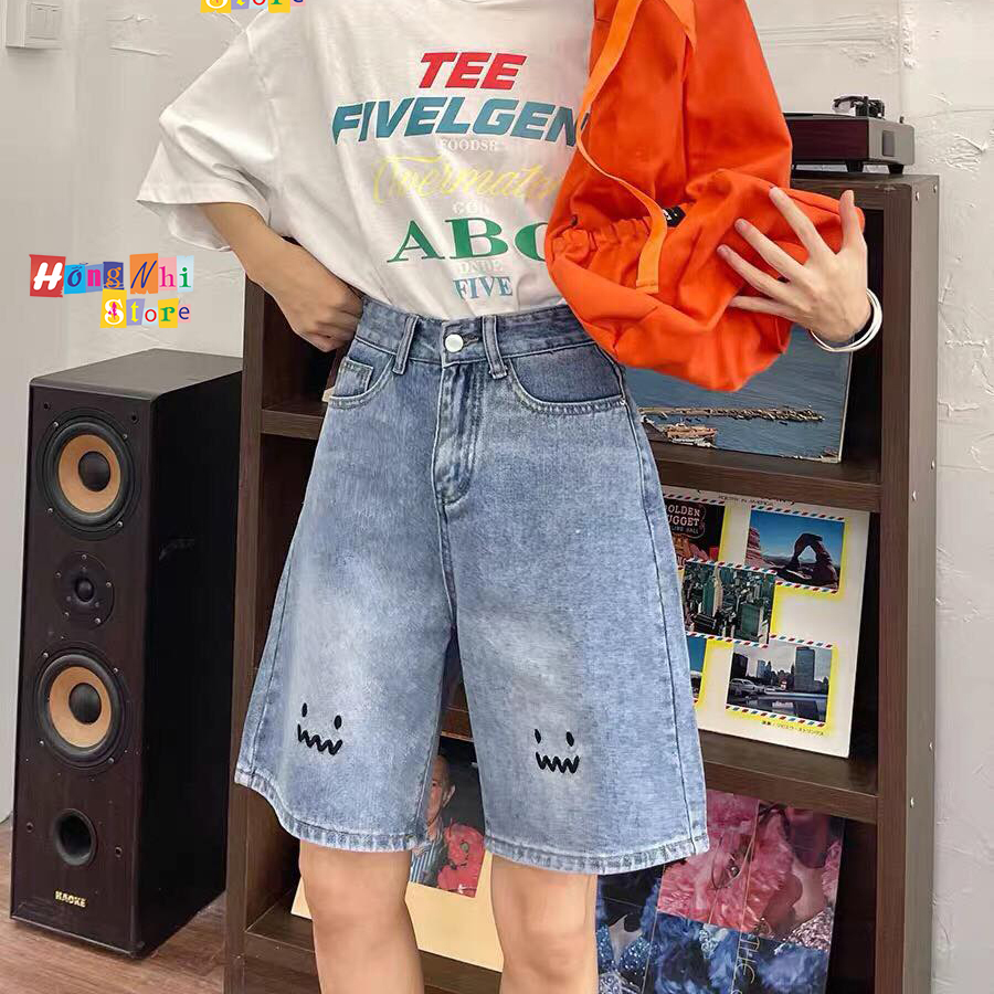 Quần Short Jean Ngố Đùi Thêu Mặt Cười Cạp Cao Ống Rộng Ulzzang - MM