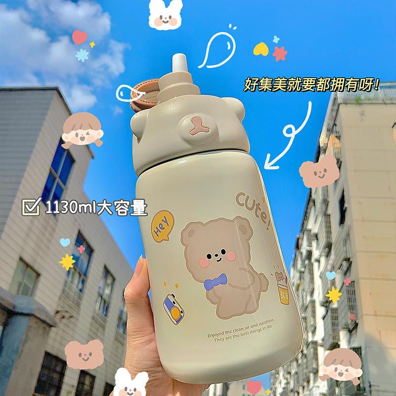 1100ML Giữ Nhiệt Màu Bé Gái Dễ Thương Anime Nhiệt Có Ống Hút Giữ Nhiệt Bình Sữa Hút Chân Không Kid Treo Tường Đôi Cách Nhiệt Nước bình