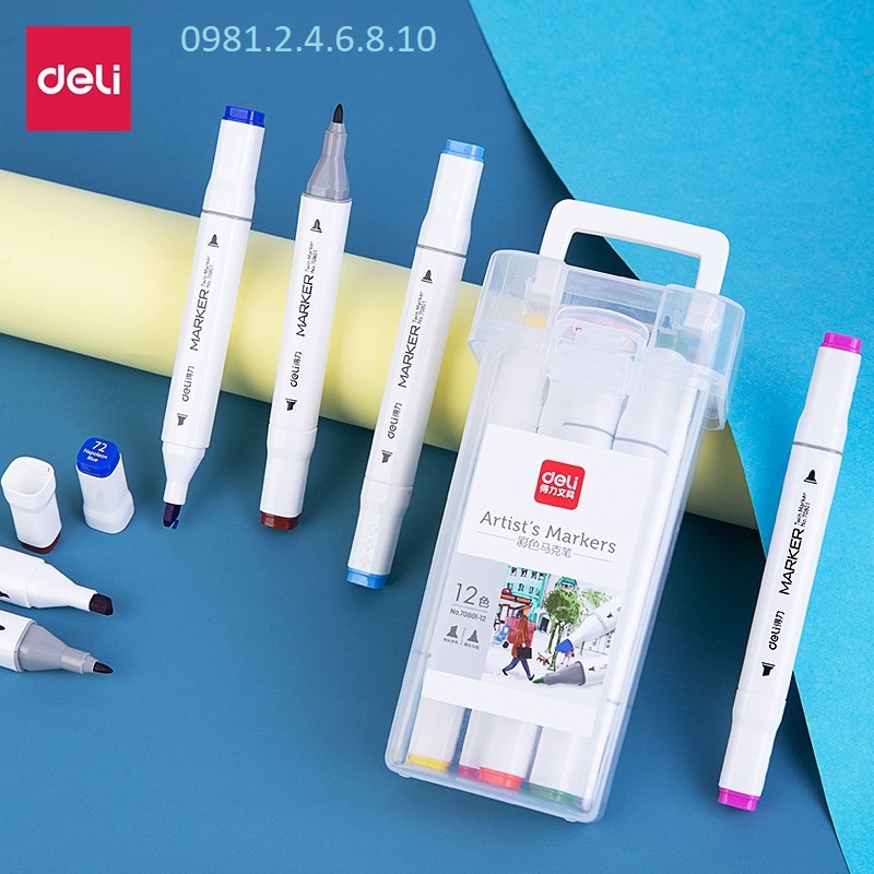 Hộp 12 màu bút marker hai đầu cao cấp Deli - 70801 - 12