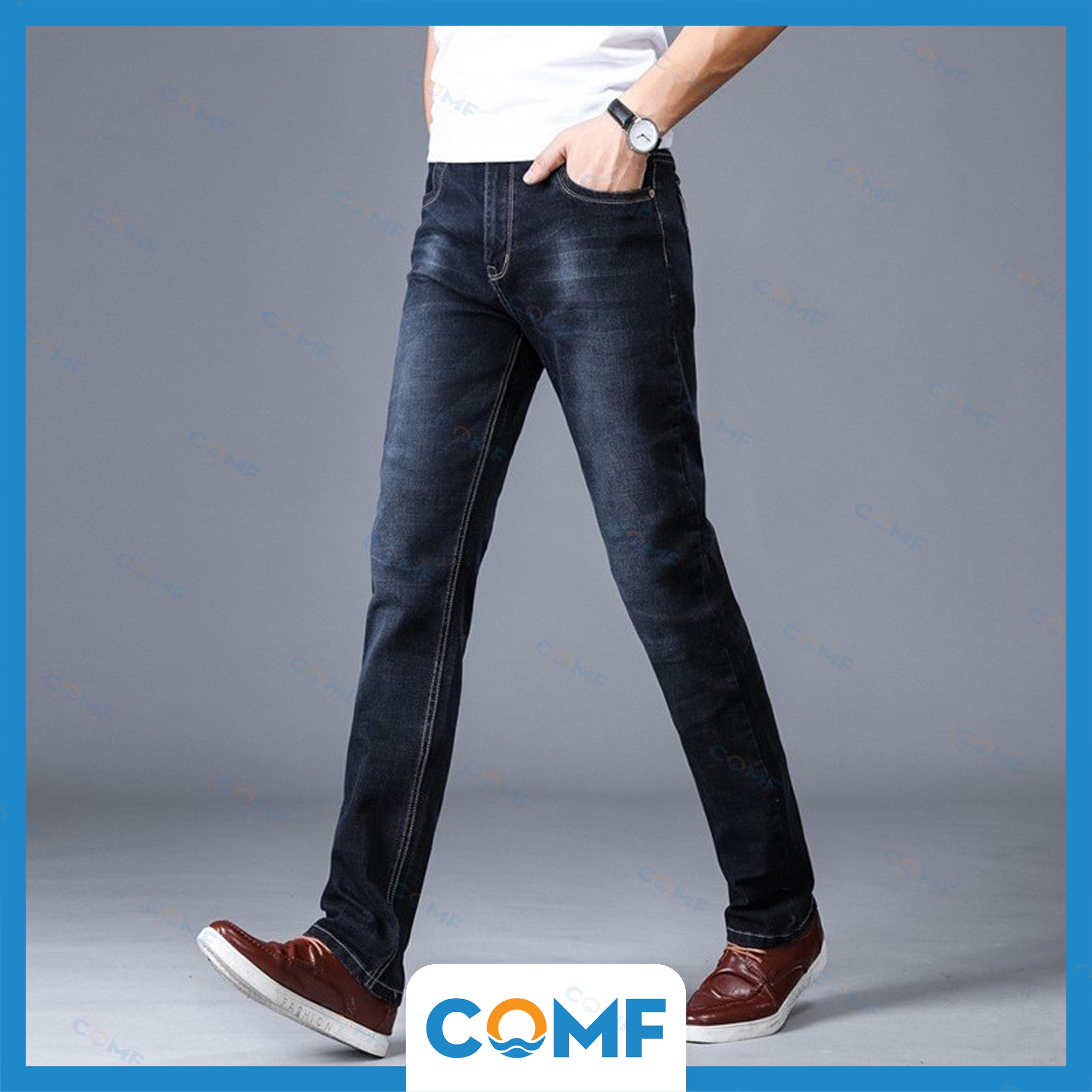 Quần jeans COMF mùa hè phong cách Hàn Quốc, kiểu dáng slim fit, ống thẳng