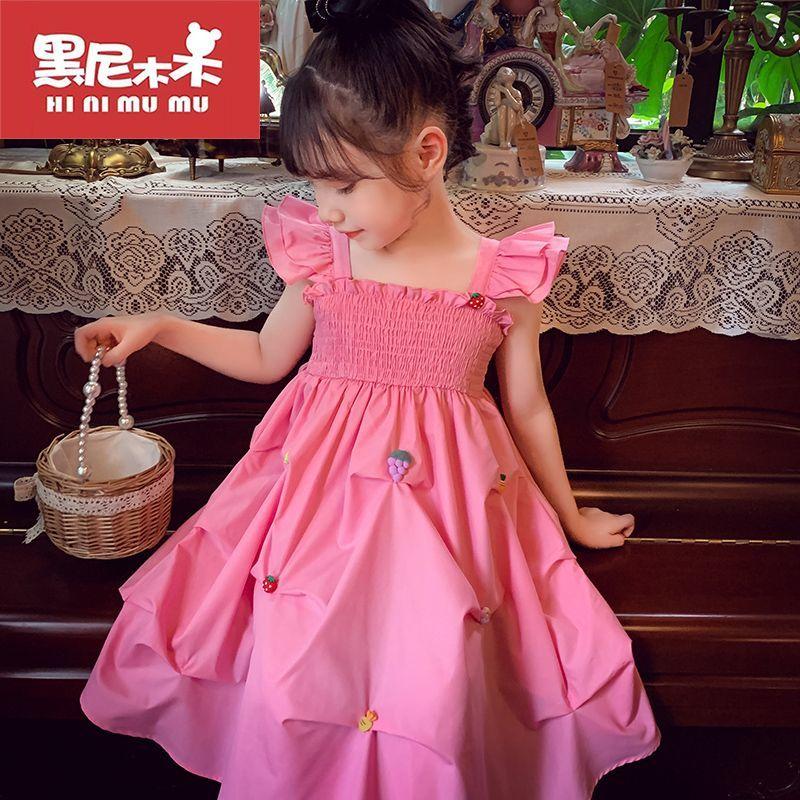 DIYIWEI Cô gái công chúa váy mùa hè 2023 phong cách phương Tây trẻ em thời trang rắn màu sling váy cô gái nhỏ lưới váy đỏ