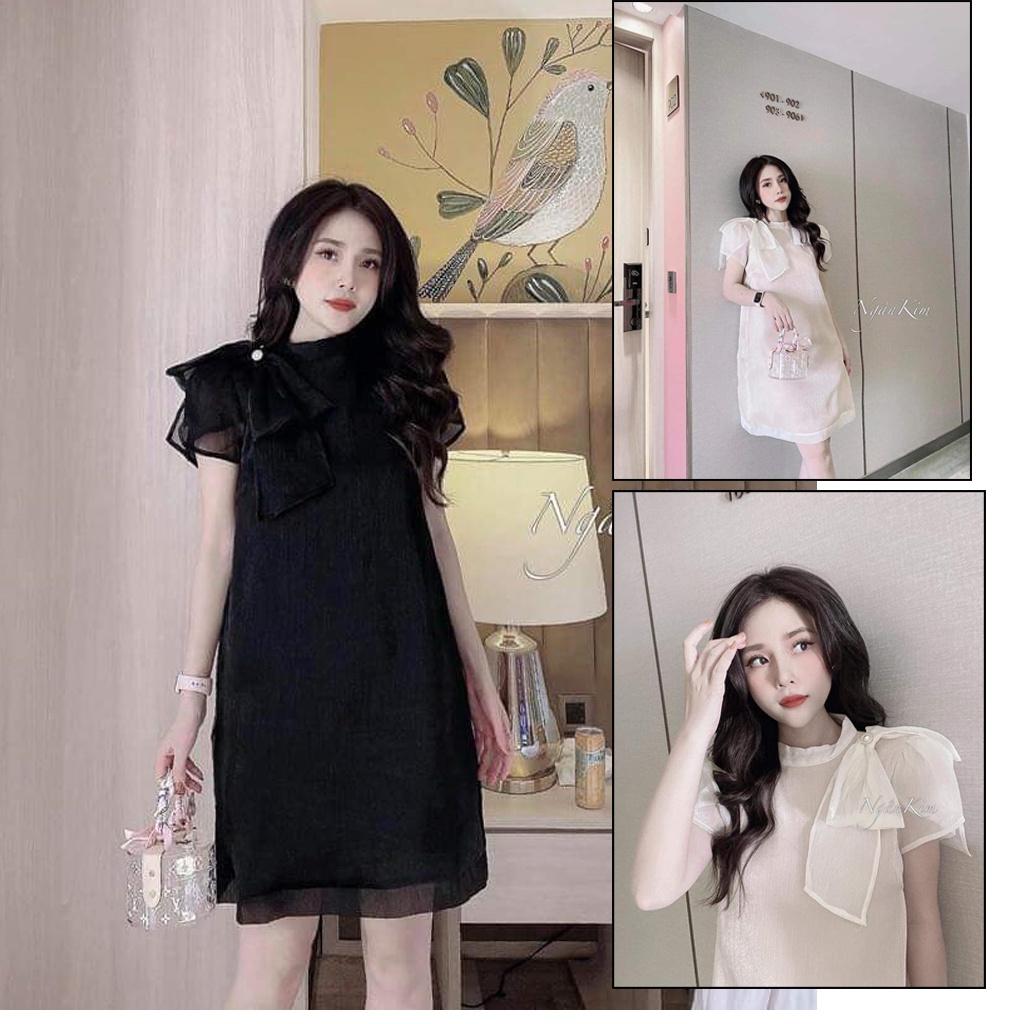 Đầm bầu ngắn tay 1 nơ vai M175 vải lụa tơ hai lớp thời trang thiết kế Mom and Baby