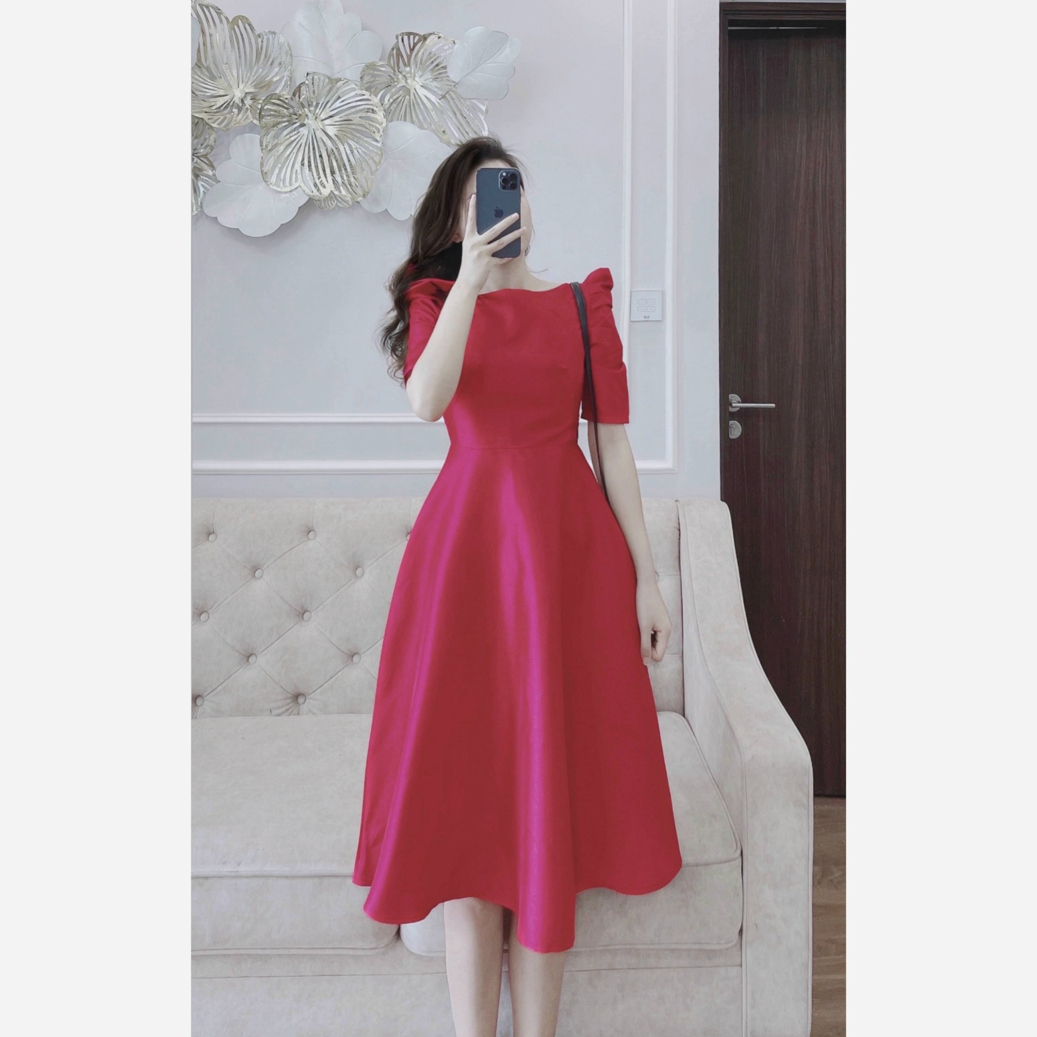 Váy xòe tác ta tay lỡ bồng nơ vai DN491