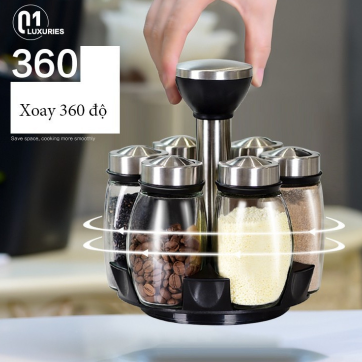 Bộ 6 lọ đựng gia vị thủy tinh chống vỡ xoay 360 độ,  Hũ đựng gia vị cao cấp loại 1 cho đồ dùng nhà bếp Vando