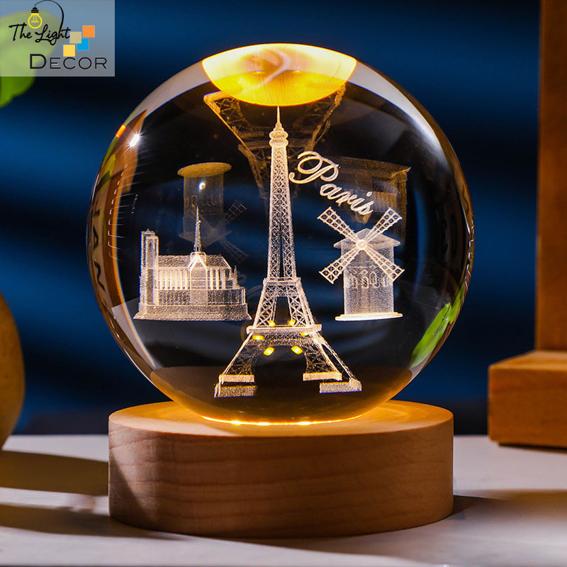 Bộ Quà Tặng Quả Cầu Pha Lê 3D larser LED PARIS 6cm