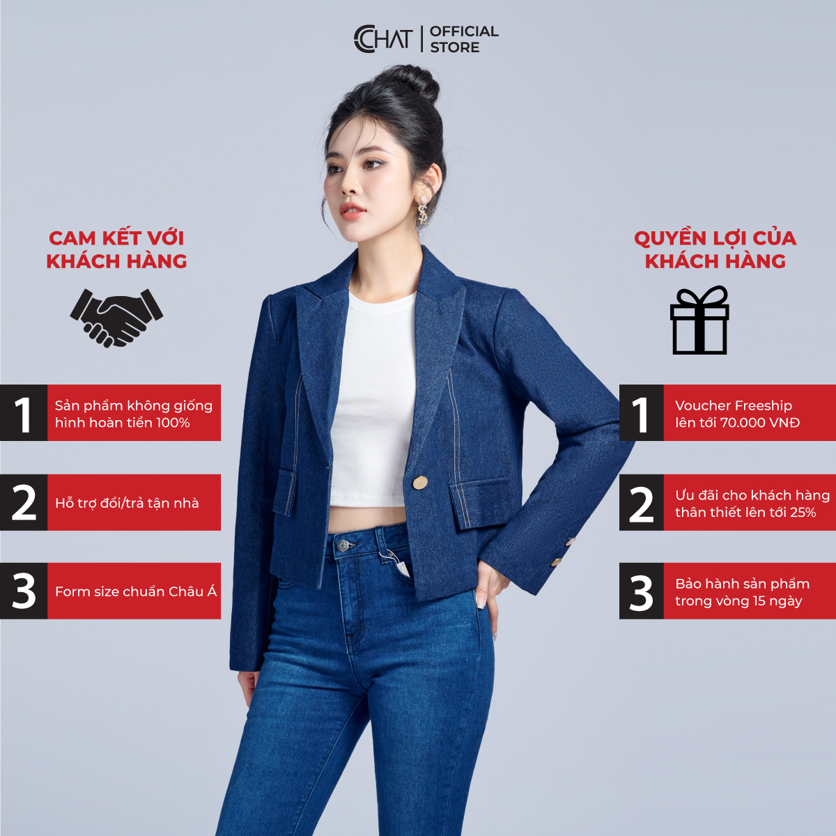 Áo Blazer Nữ CCHAT Diễu Chỉ Hai Nắp Túi Jeans Cao Cấp 22EHJ2012ST