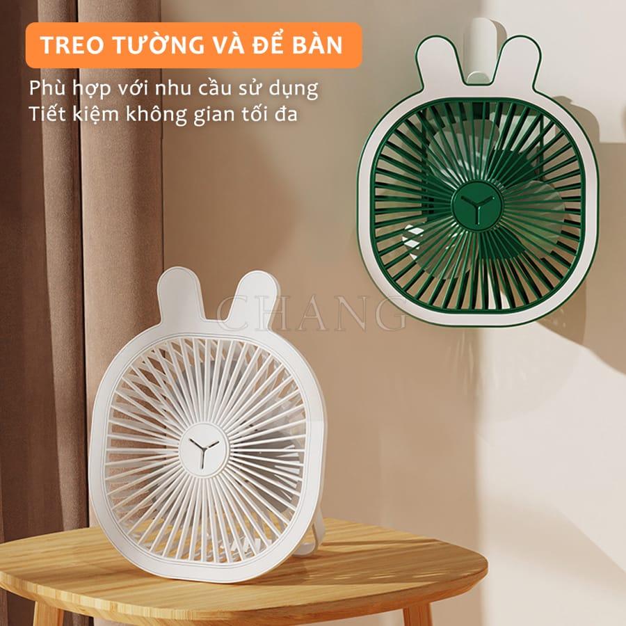 Quạt Tích Điện Tai Thỏ Treo Tường Có Đèn, Quạt Để Bàn Kiêm Đèn Ngủ 3 Cấp Độ Sáng, Điều Chỉnh Góc Gió 360 Độ