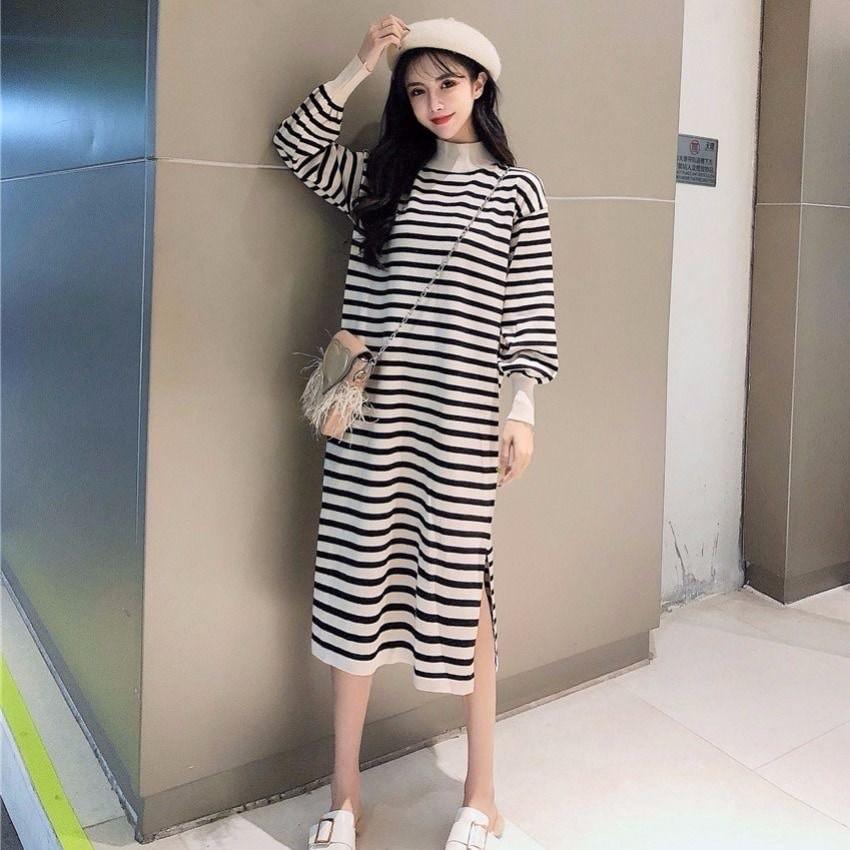 Váy Len Bầu Thu Đông Dáng Dài Họa Tiết Kẻ Cổ 3p Hàng Quảng Châu Phong Cách Ulzzang Hàn Quốc HD4815 Honey Mommy