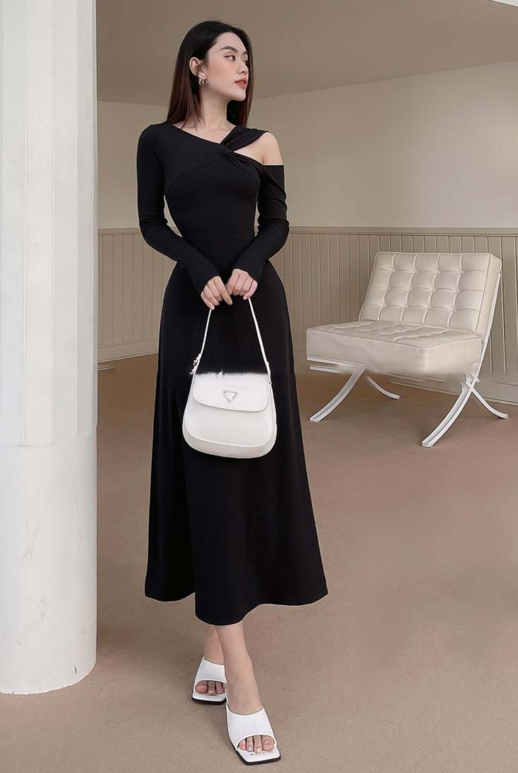Đầm Maxi Tay Dài Lệch Vai Dự Tiệc Thun Gân Cao Cấp TACARA DRESS