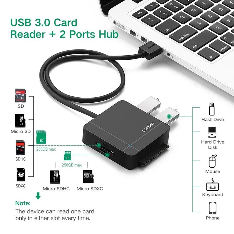 Ugreen UG30918US231TK 50CM màu Đen Bộ chuyển đổi USB 3.0 sang 2 USB 3.0 + SATA + SD TF cao cấp - HÀNG CHÍNH HÃNG