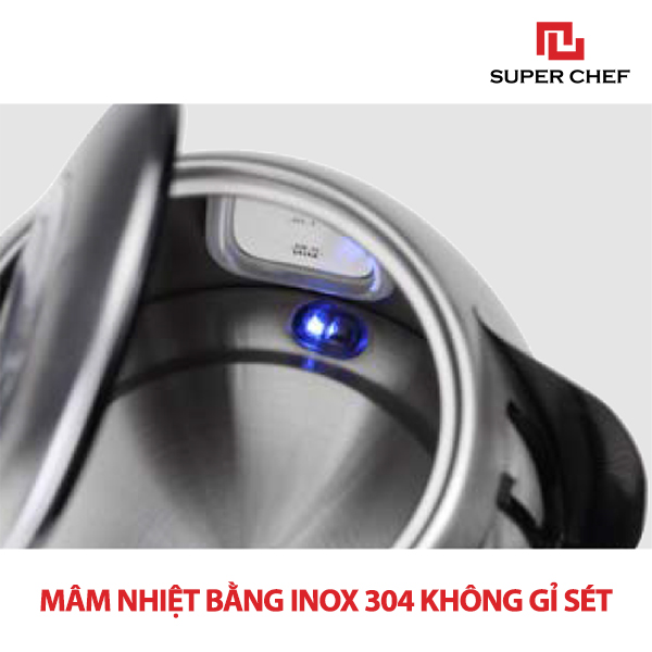 Bình Đun Siêu Tốc Inox Chính Hãng Super Chef  1.7 lít Công Suất Lớn Đun Nhanh, Tiết Kiệm Điện Năng, Chất Liệu Cao Cấp An Toàn, Bền Bỉ,, Thiết Kế Sang Trọng Bắt Mắt Dịch Vụ Hậu Mãi Chu Đáo