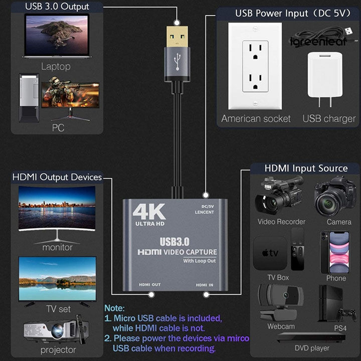 Video capture card input 4K 1080P HDMI USB 3.0 output 1080 60pfs màu xám, xanh