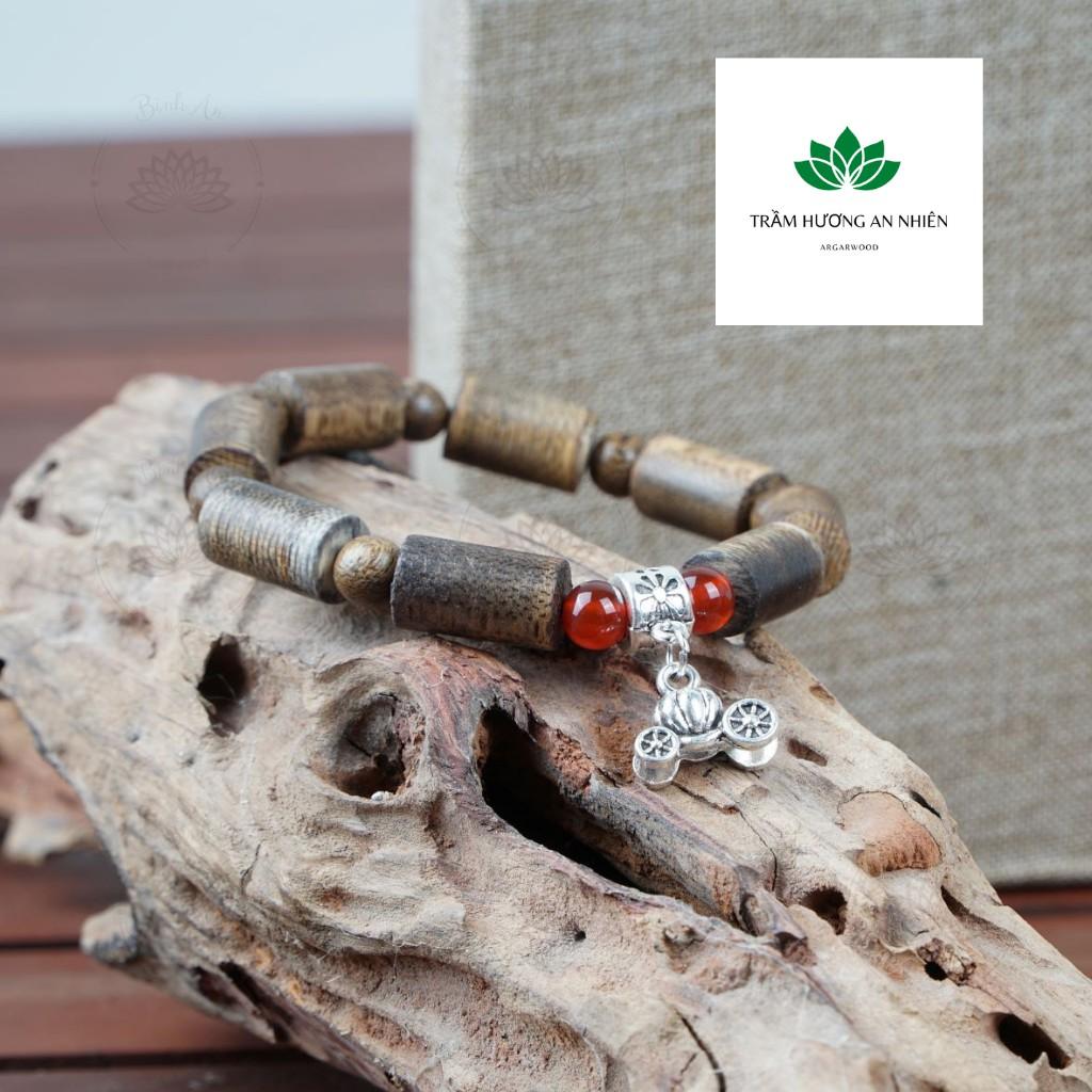Vòng Tay Trầm Hương Tốc Tự Nhiên Mix Charm B.ạ.c Hình Trụ - Vòng Tay Phong Thủy 8ly 10ly 12l