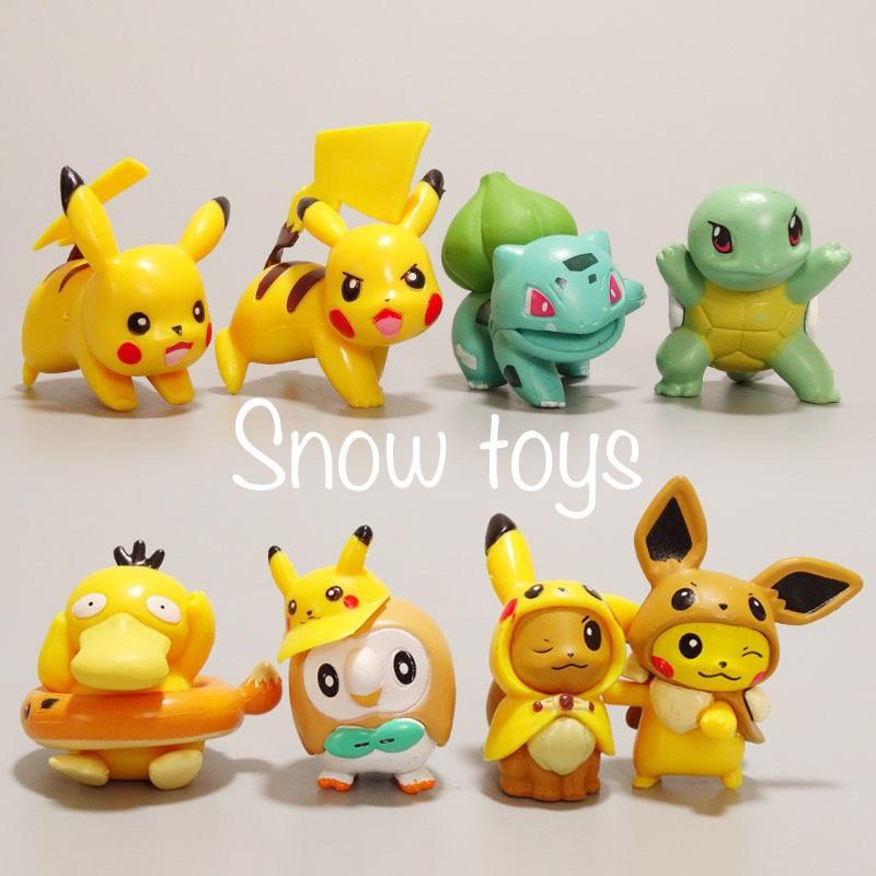 Mô hình Pikachu - Trọn bộ 8 mô hình Pikachu Bubasaur Squirtle Eevee Psyduck Rowlet - Cao khoảng 3.5 ~ 5cm