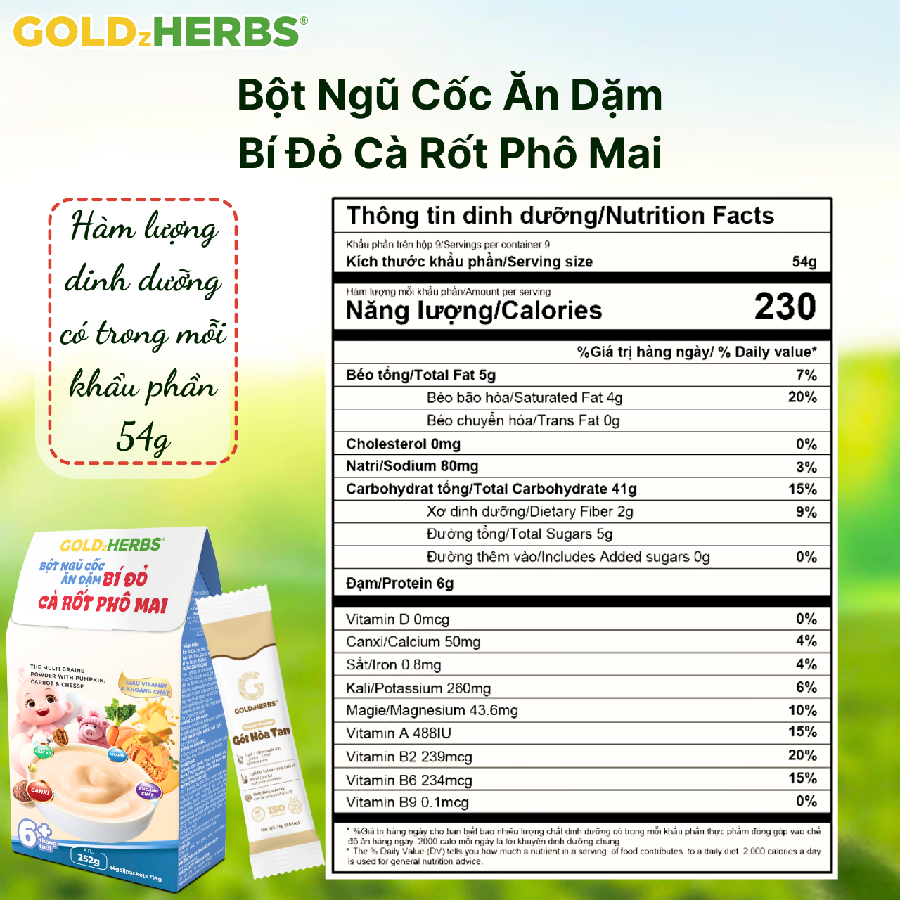 Bột ngũ cốc ăn dặm bí đỏ cà rốt phô mai GoldzHerbs cho bé từ 6 tháng tuổi – 250g/ 500g