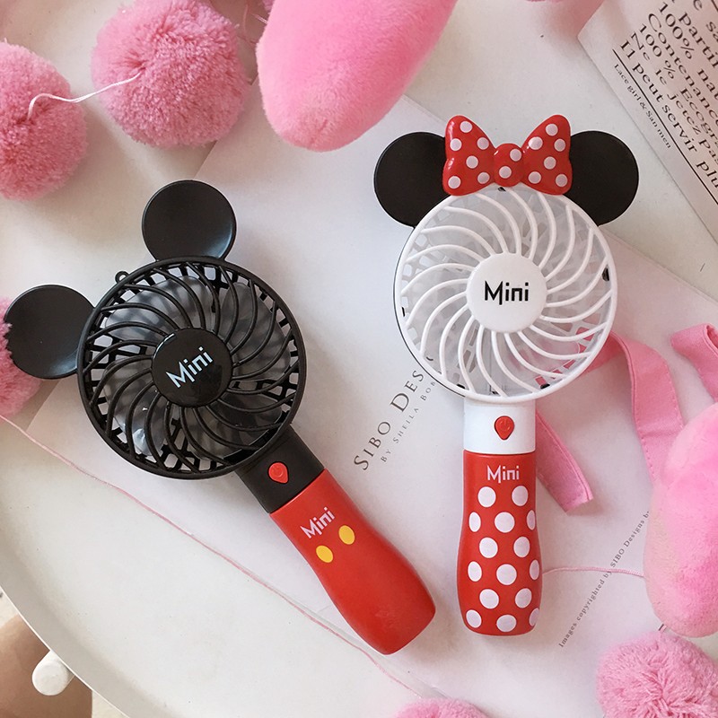 Quạt mini cầm tay chuột Mickey 3018, tặng kèm 1 gương mini (màu ngẫu nhiên)