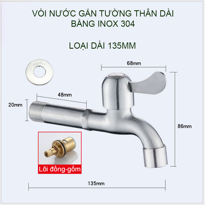 Vòi nước lạnh gắn tường bằng inox 304 thân dài 135mm-180mm tùy chọn