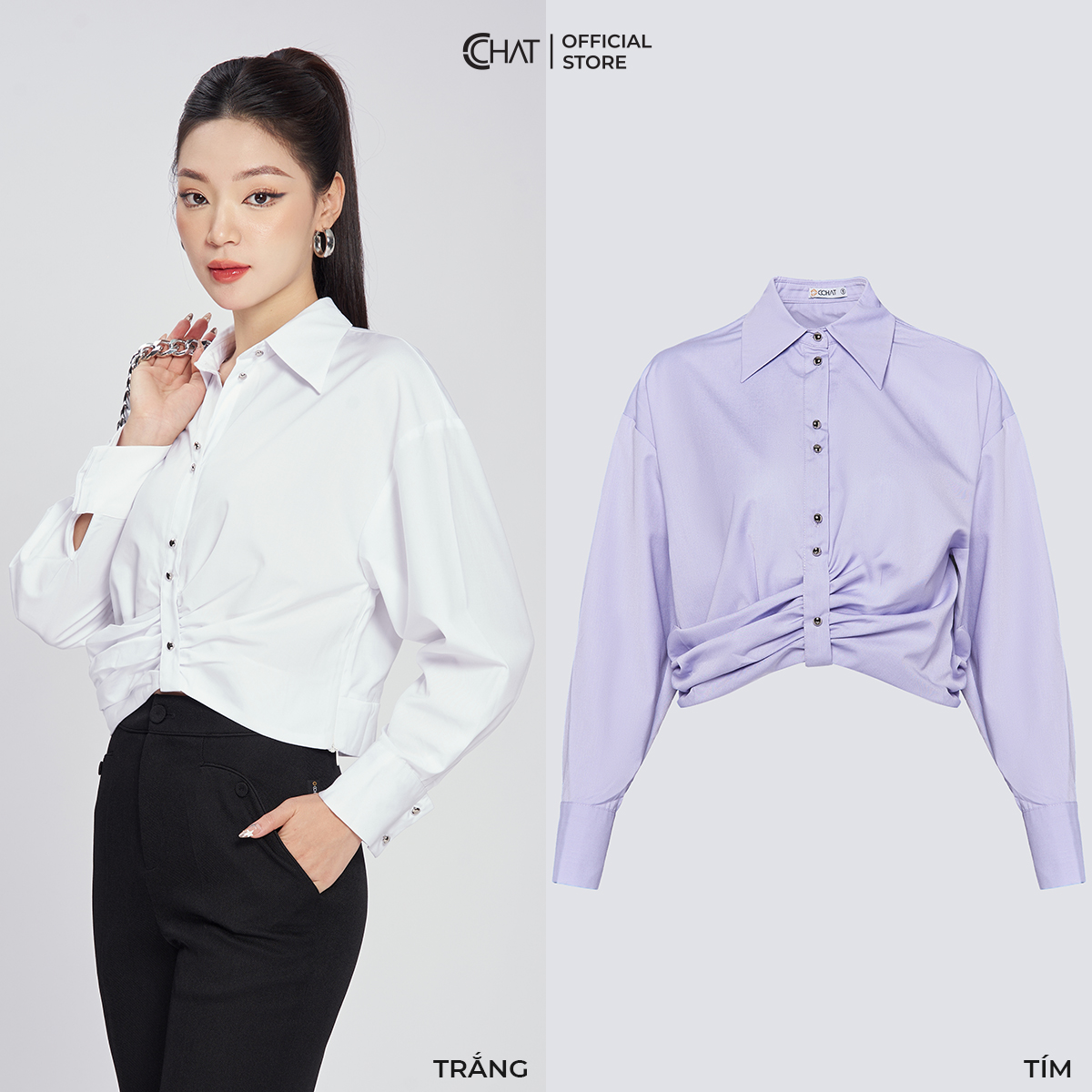 Áo Sơ Mi Nữ  Dáng Ngắn Croptop Rúm Kiểu Chất Thô Cao Cấp Mềm Nhẹ 53ADT2007GT