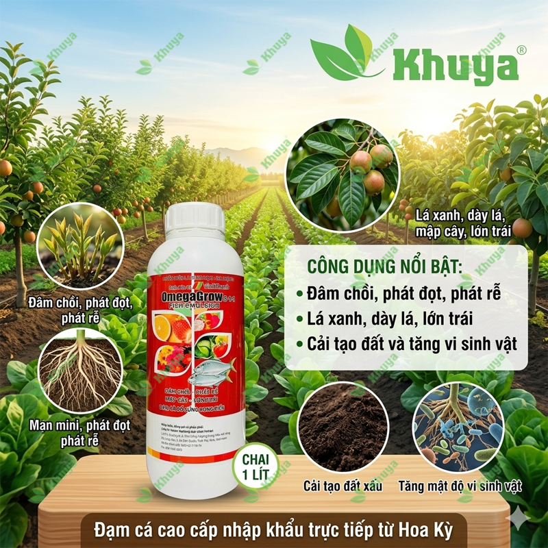 Phân bón sinh học Vĩnh Thạnh OmegaGrow 5-1-1 (chai 1 lít) 100% Đạm Cá Mỹ
