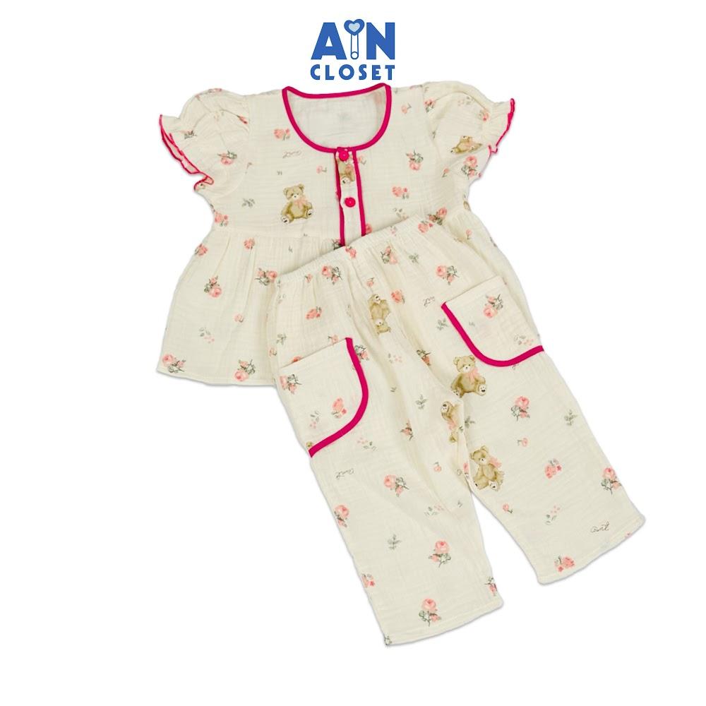 Bộ quần áo Dài tay ngắn bé gái họa tiết Gấu Viền Hồng Xô muslin - AICDBG0A1OZ2 - AIN Closet