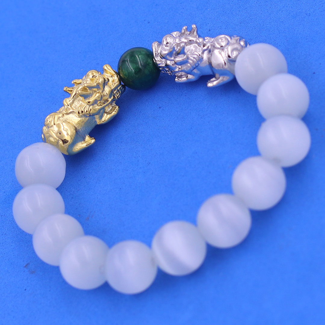 Vòng chuỗi đeo tay đá mắt mèo trắng 12 ly charm tỳ hưu đôi inox trắng và vàng, vòng chuỗi phong thủy, charm tỳ hưu, vòng tay hạt chuỗi