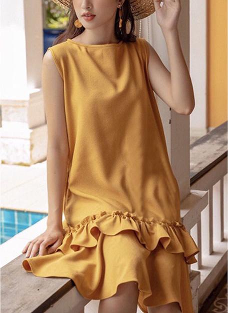 Đầm suông vàng không tay bèo tầng - DS207