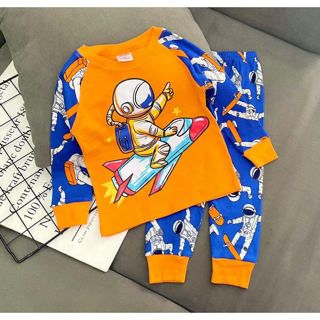 Bộ dài tay bé trai thun cotton borip xuất dư mềm mịn, in hoạt hình siêu cưng, đồ bộ tay dài quần dài thu đông