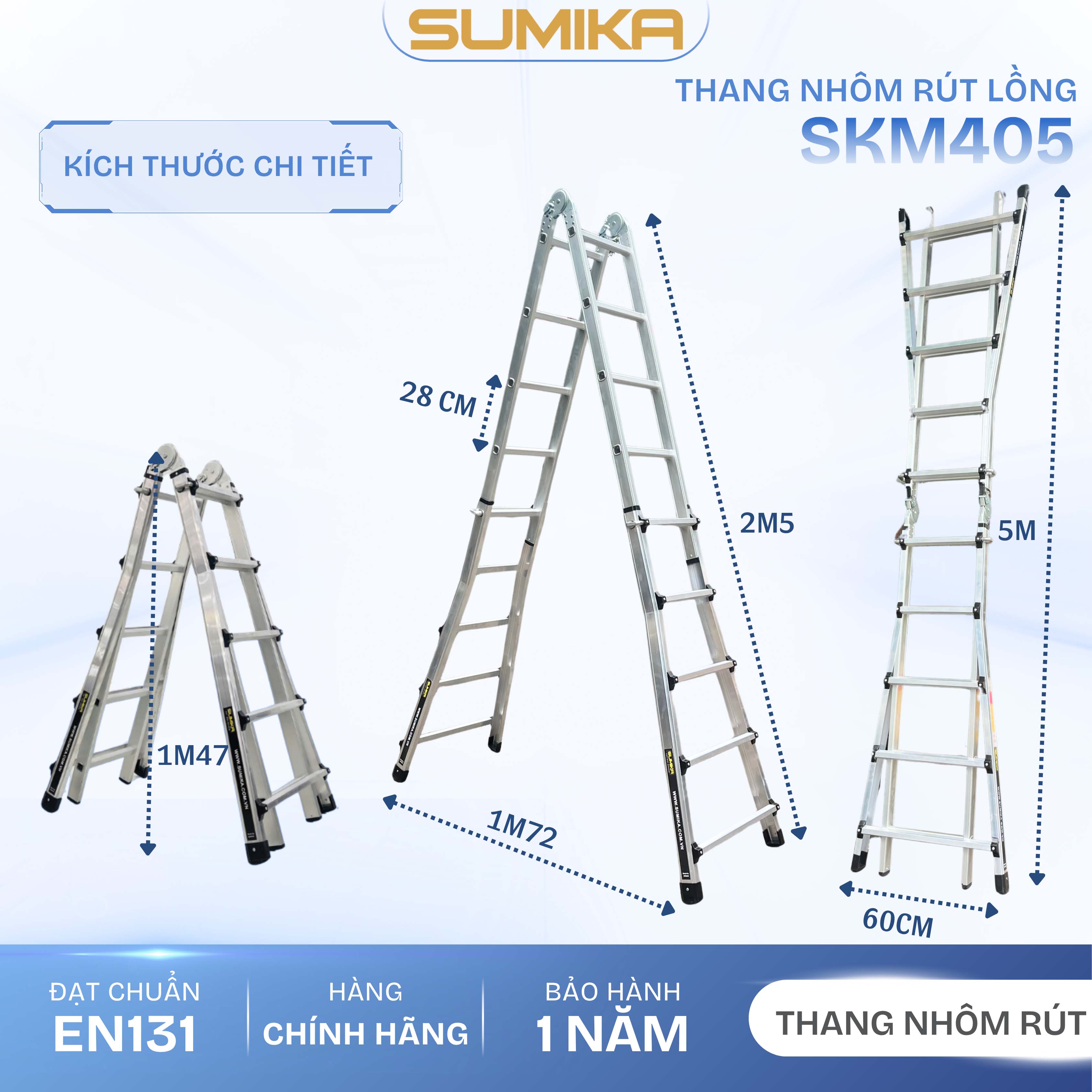 Thang nhôm rút lồng đa năng SUMIKA SKM405 - Chữ A cao nhất 2.5m, chữ I cao nhất 5.0m, tải trọng 300kg