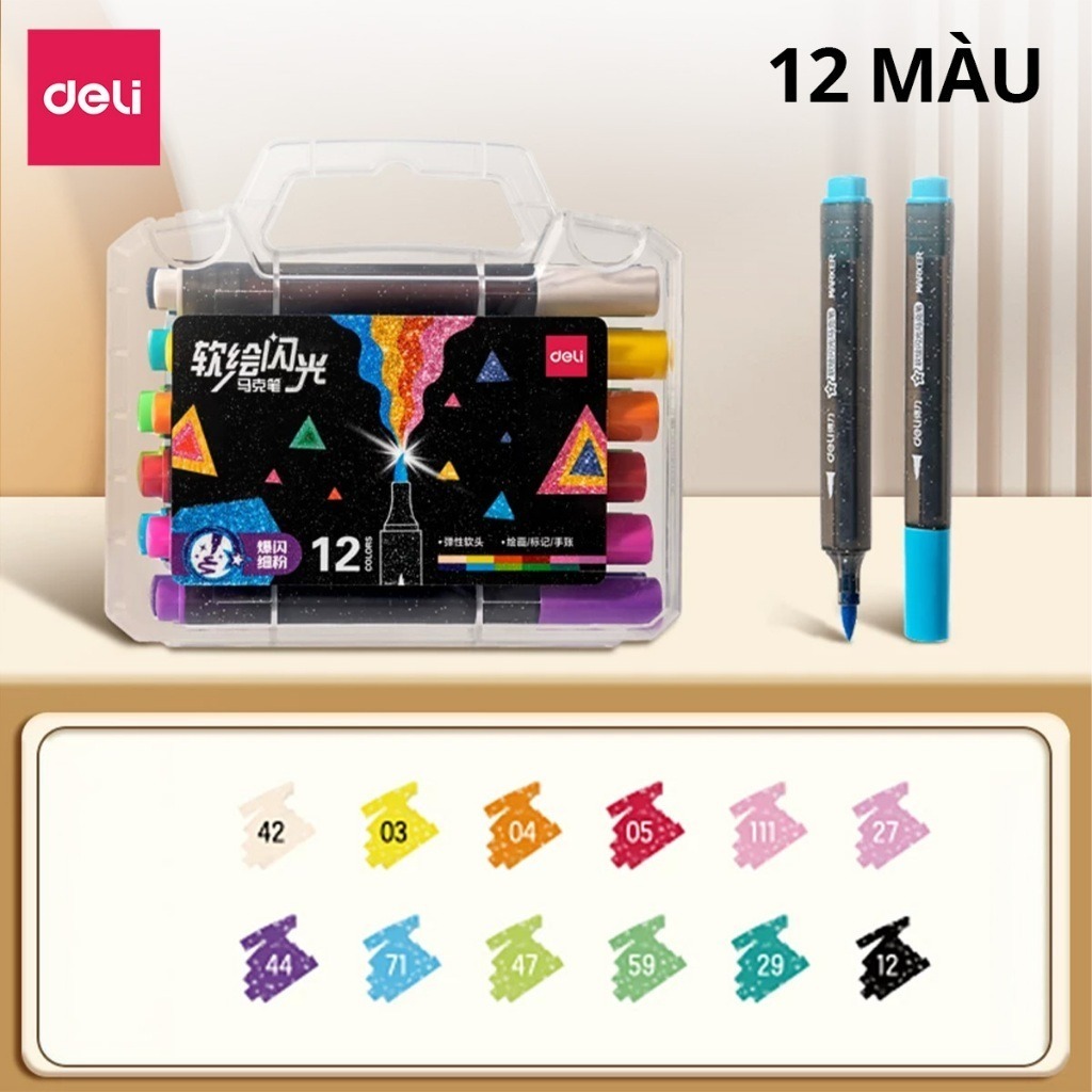 [SALE 39K] Bút Marker Nhũ Kim Tuyến 1 Đầu 12/24/36/48 Màu Deli Mềm Ngòi Nhũ Sáng Màu Vẽ Anime, Bullet Journal