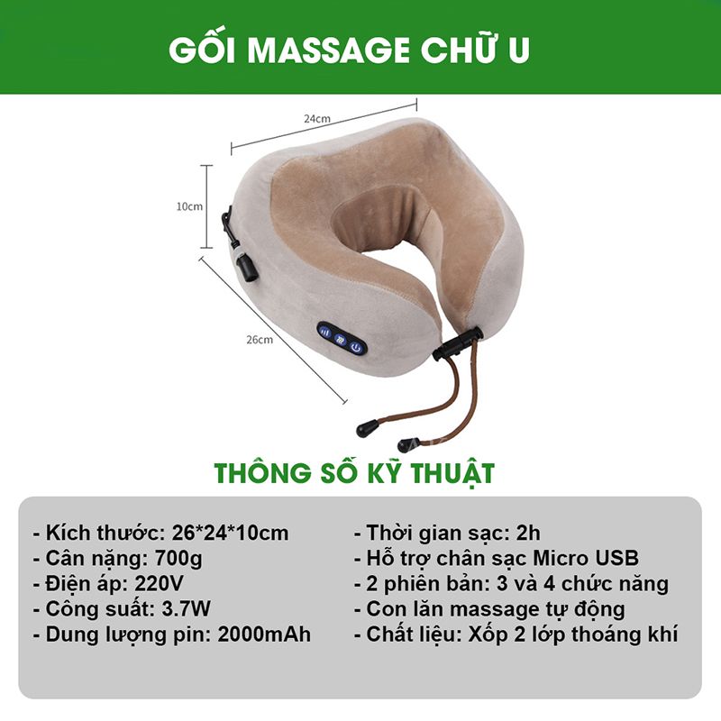 Gối Massage Cổ Chữ U, Máy Mát Xa Đeo Cổ TAKARA Đa Chức Năng Trị Liệu Giảm Đau Mỏi Cổ Vai Gáy