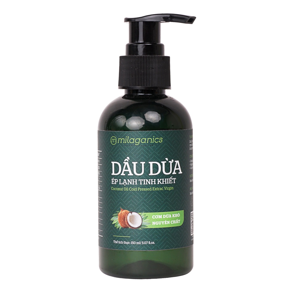 Dầu Dừa Ép Lạnh Tinh Khiết Milaganics Coconut Oil Cold Pressed Extract Virgin 150ml/Chai