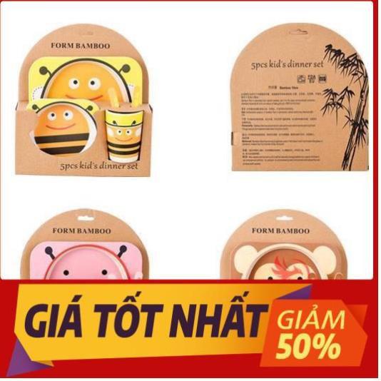 Bộ bát chén khay muỗng ăn dặm cho bé kiểu nhật 5 món đồ kèm thìa dĩa hình thú - bằng sợi tre an toàn FDA/EU