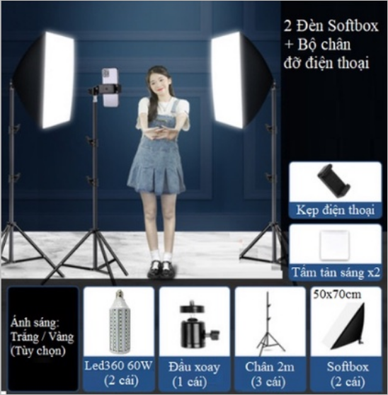 Combo Bộ 2 Đèn Softbox Led360+ Chân điện thoại, Phụ kiện Livestream Giá Rẻ Hàng Chính Hãng