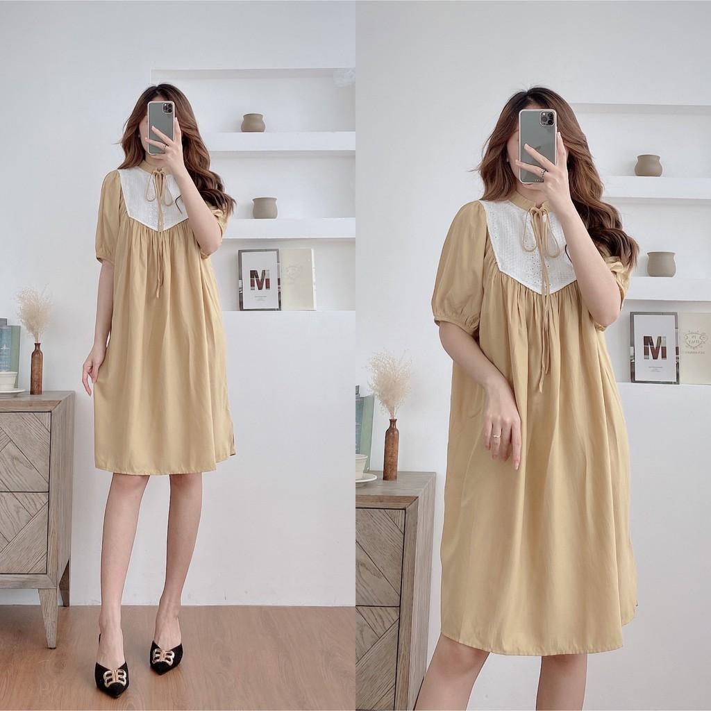 Váy dáng suông, ngực ren buộc nơ, đầm xuông bầu rộng freesize, tay, 2 màu mã V172 - Michi's House