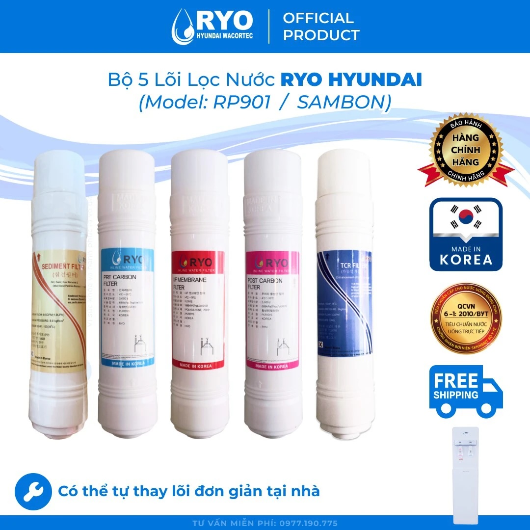 Bộ 5 Lõi Lọc Nước RYO HYUNDAI RP100S Máy Nóng Lạnh, Sediment, Pre-Carbon, UF Membrane Filter, Post Carbon, TCR Filter. Nhập Khẩu Hàn Quốc - Hàng Chính Hãng.