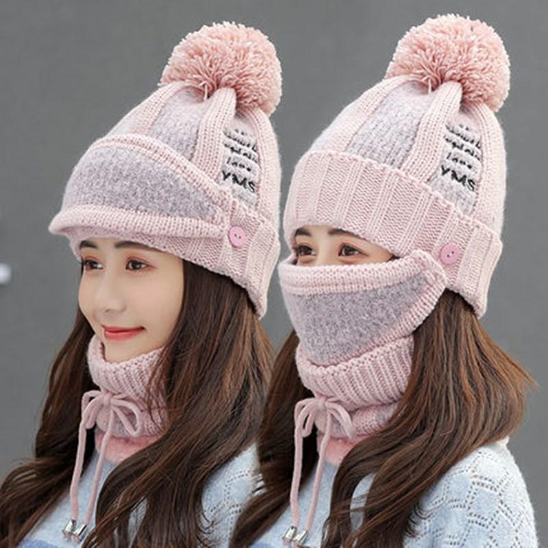 Mùa Đông Nón Nữ Mùa Đông Đan Beanies Nón Yếm Và Mặt Nạ Nữ Bảo Vệ Tai Skullies Nón Nhung Ấm Dày Đi Xe len