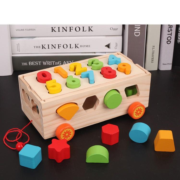 Đồ chơi xe kéo thả hình khối kết hợp số đếm, đàn và bảng phân loại hình khối bằng gỗ an toàn cho bé phát triển tư duy tr