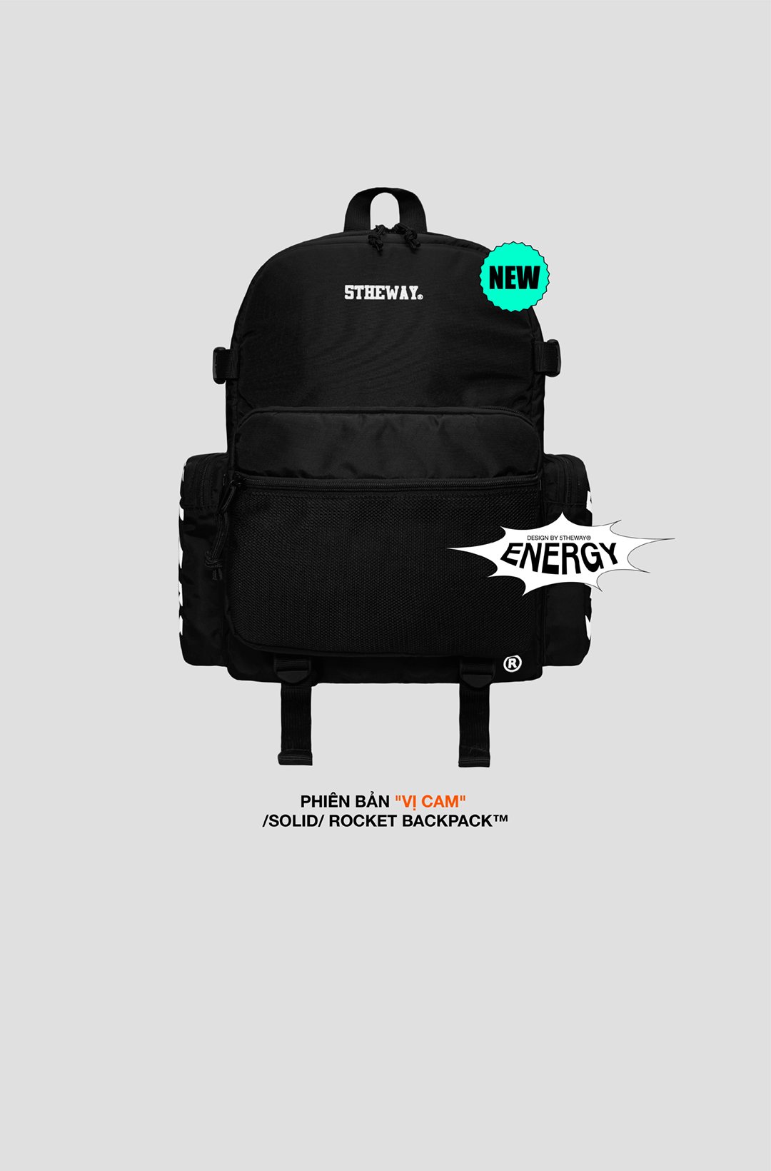 Balo 5THEWAY /solid/ ROCKET BACKPACK in BLACK/OR aka Balo Đen ruột Cam