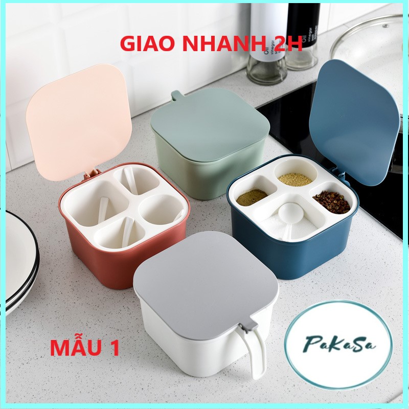 Hộp Đựng Gia Vị 4 Ngăn Có Nắp Đậy , Quai Xách Tiện Dụng Nhiều Cỡ -Giao Màu Ngẫu Nhiên -Chính Hãng