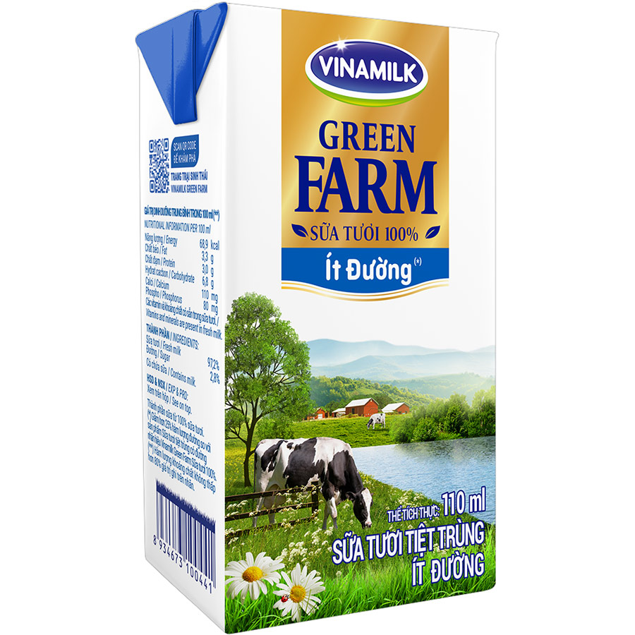 Thùng 48 Sữa Tươi Tiệt Trùng Vinamilk Green Farm - Sữa Tươi 100% Ít Đường 110ml