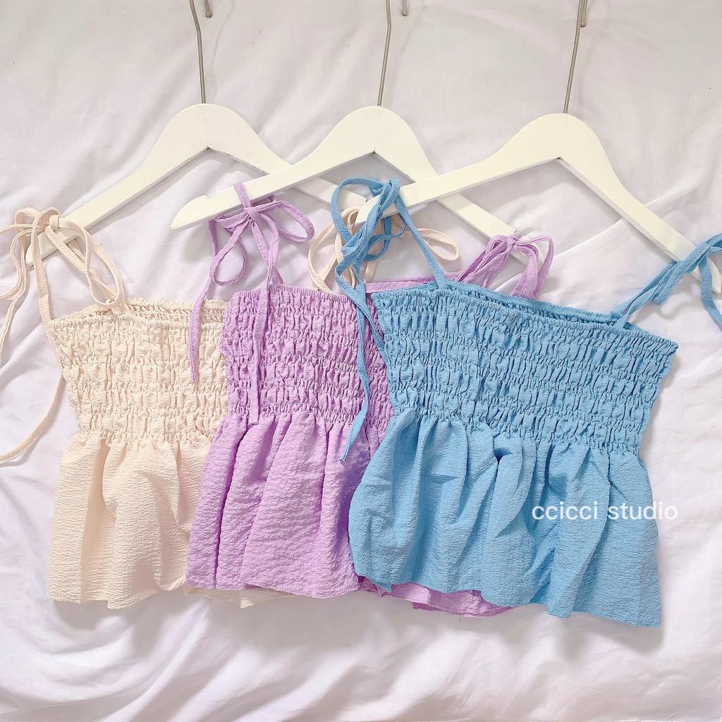Áo Hai Dây Croptop Bo Nhún Dáng Xoè Mùa Hè