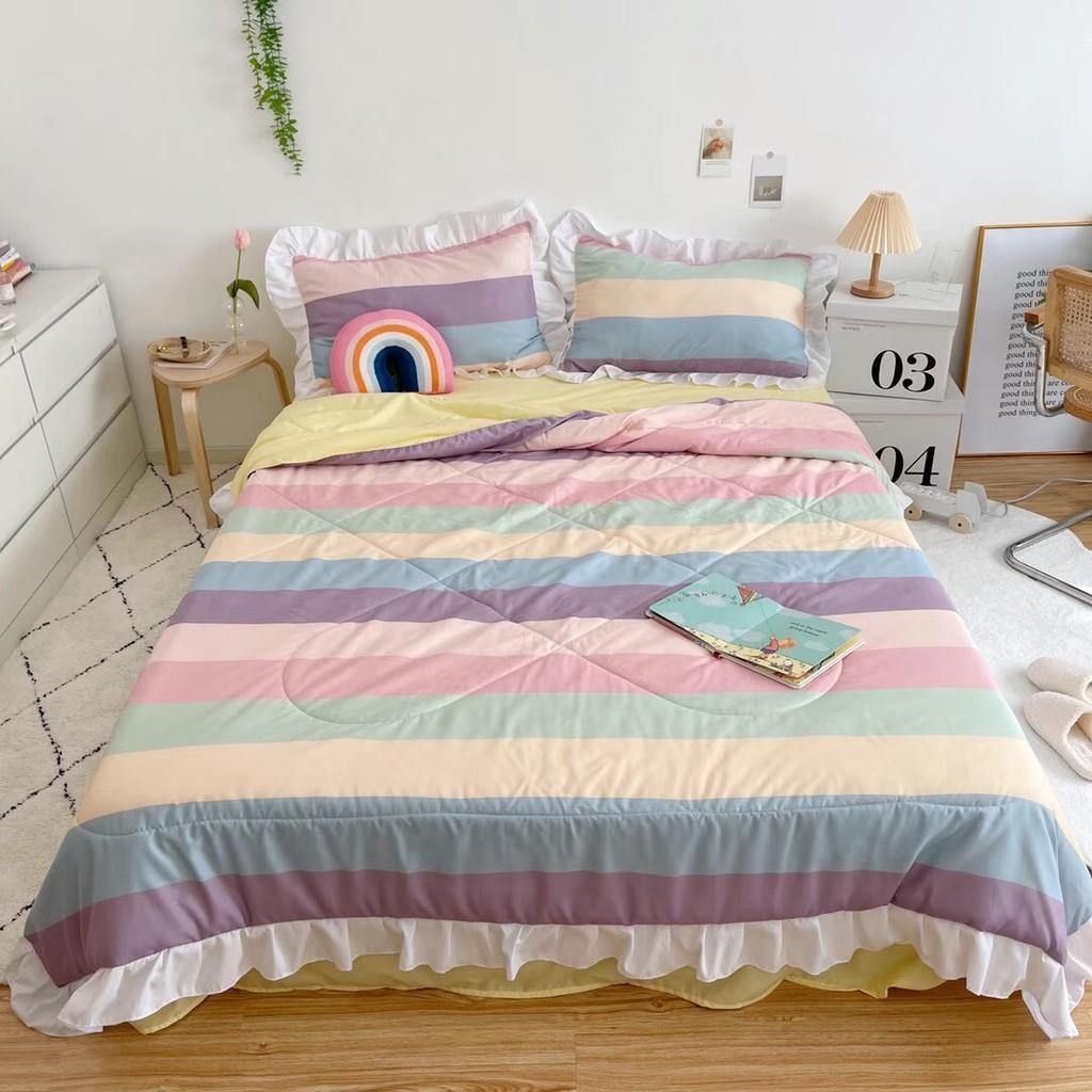 Bộ chăn ga Cotton Đũi phối bèo hàng nhập khẩu siêu mềm mát - họa tiết cầu vồng