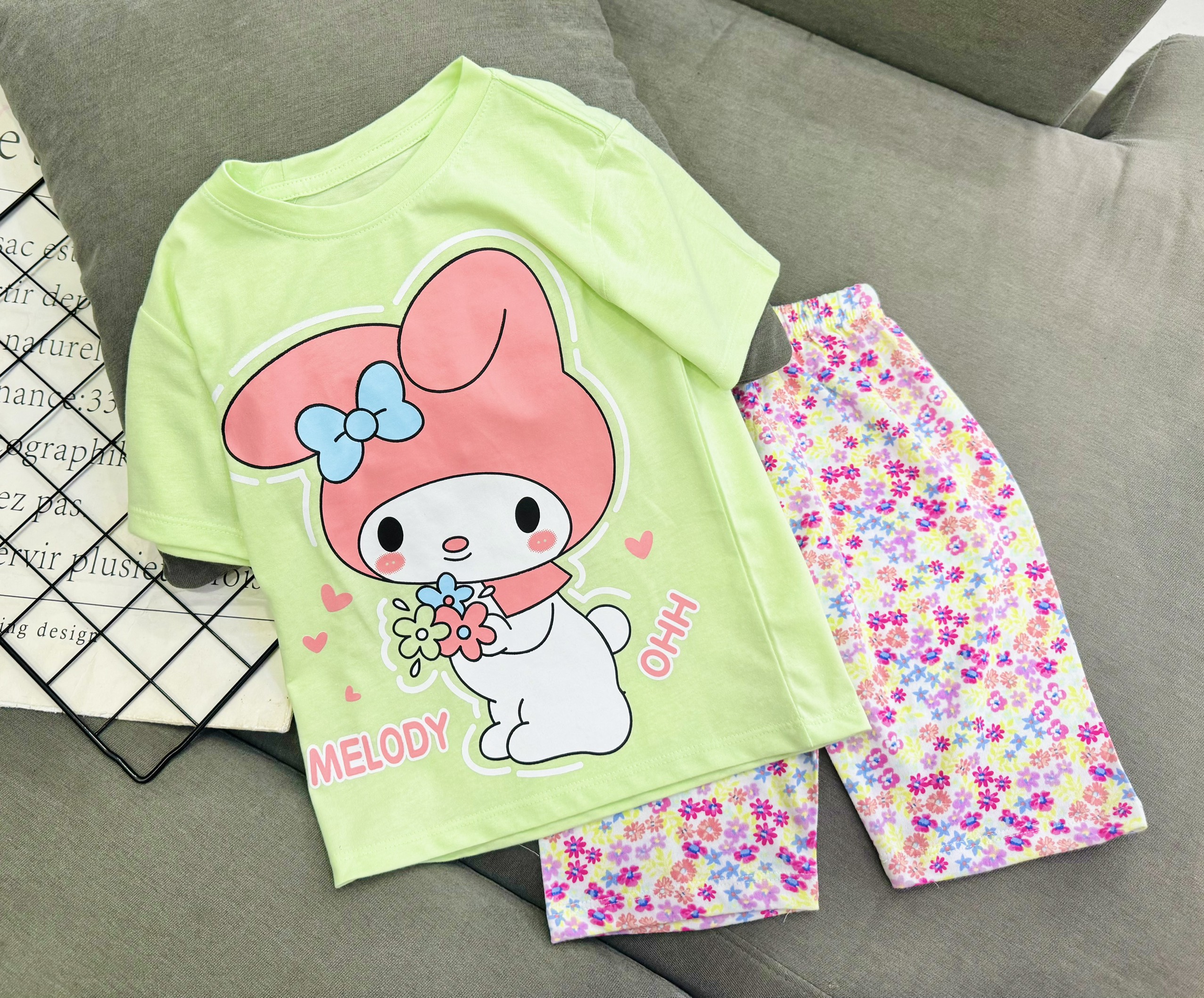 Đồ bộ ngắn tay mùa hè cho bé gái kuromi gấu dâu melody labubu size 12-40kg chất cotton mềm mịn mát