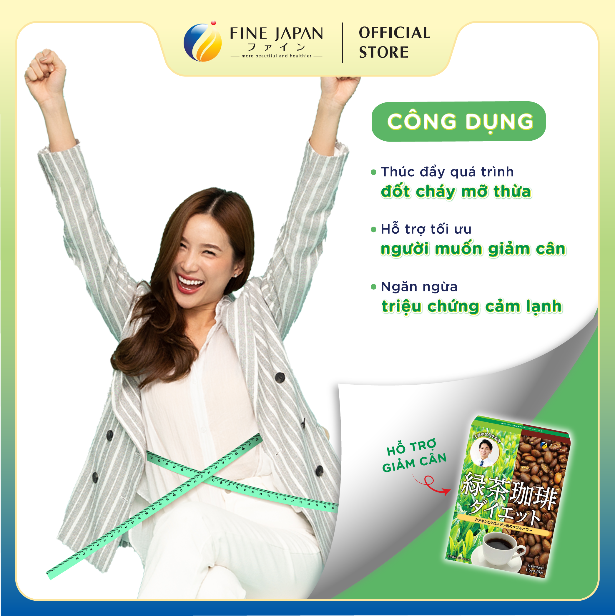 Trà cà phê Green tea & Diet coffee FINE JAPAN đẩy nhanh quá trình đốt cháy mỡ thừa & hỗ trợ giảm cân 45g (1.5g X 30 gói)