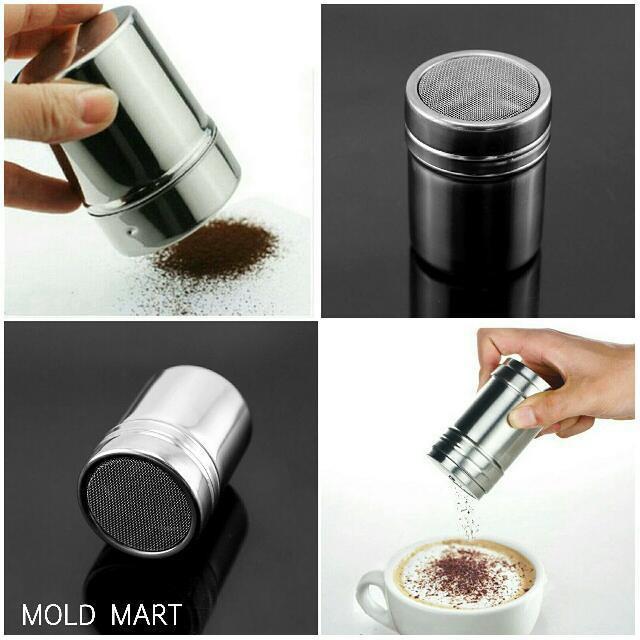 Lọ rắc bột cacao matcha inox có nắp và bộ khuôn rắc bột 16 tấm latte art trang trí