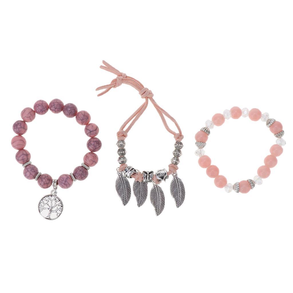 Glass Bracelet Multilayer Leaf Bangle Beads Vintage Design Chain Pink