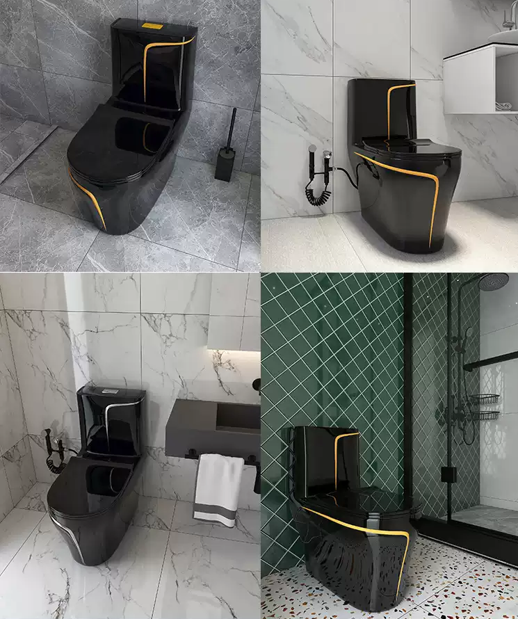 Bồn cầu liền khối màu đen viền vàng độc đáo