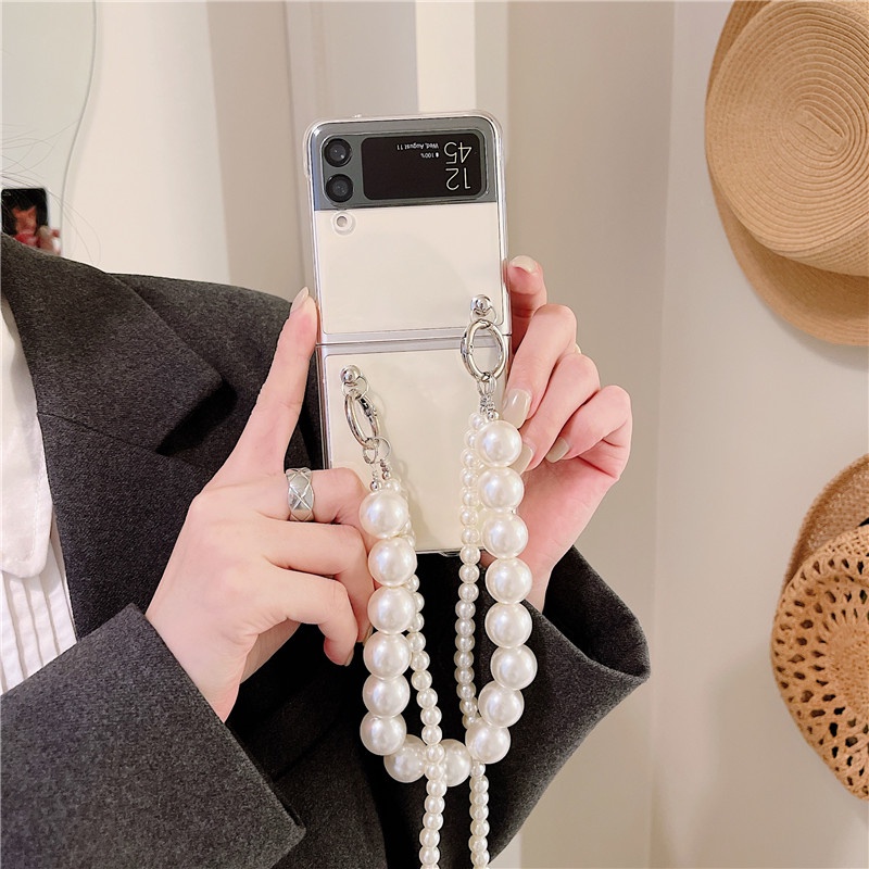 Ốp lưng trong suốt chống sốc kèm dây đeo ngắn dài sang chảnh dành cho Samsung Z Flip 3