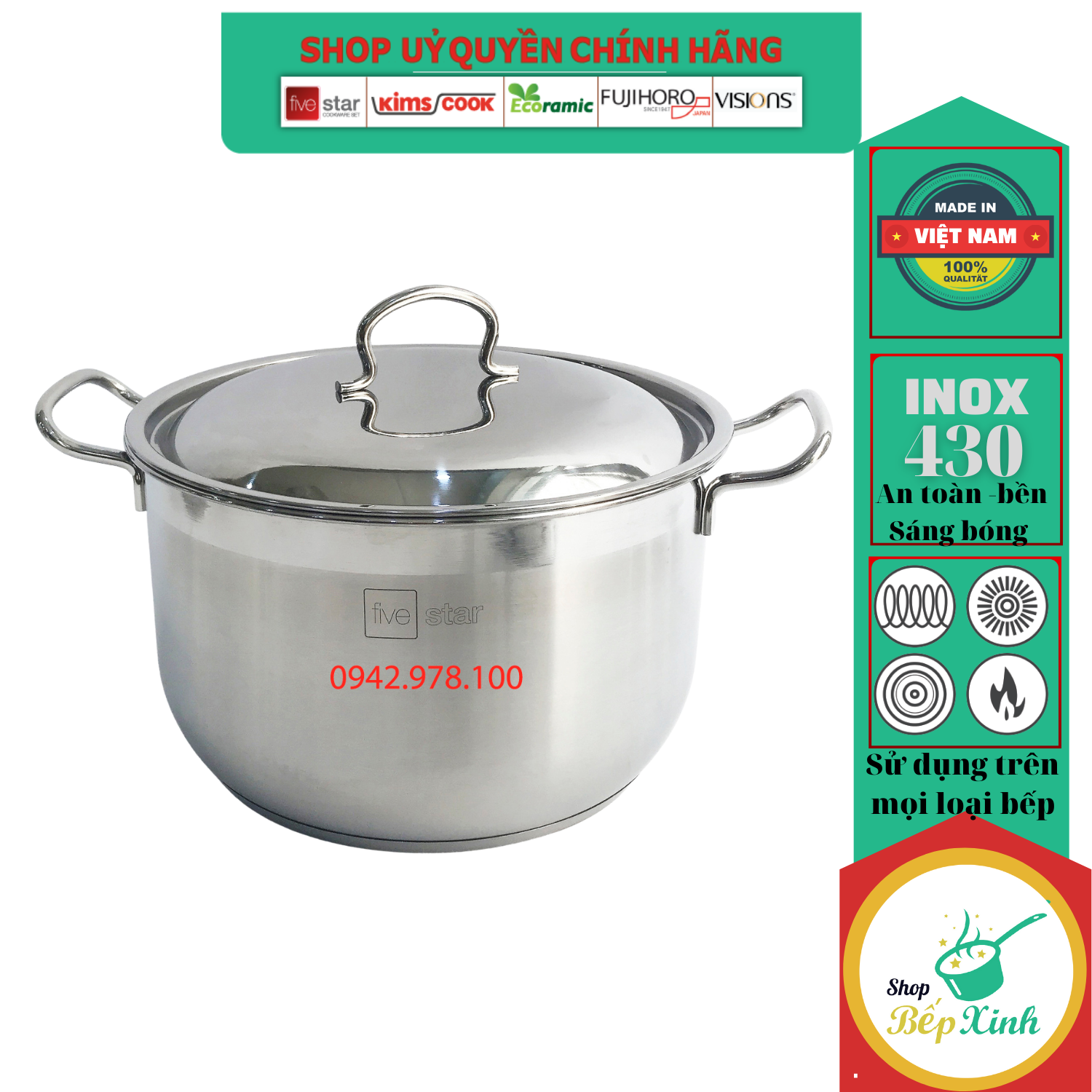 Nồi Luộc Gà Inox 3 Đáy Fivestar Nắp Inox - Bạc (Không Tặng Muỗng)