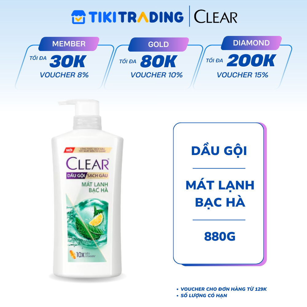 Dầu gội đầu Clear Mát Lạnh Bạc Hà sạch gàu ngứa và vi khuẩn suốt 48 Giờ 880g
